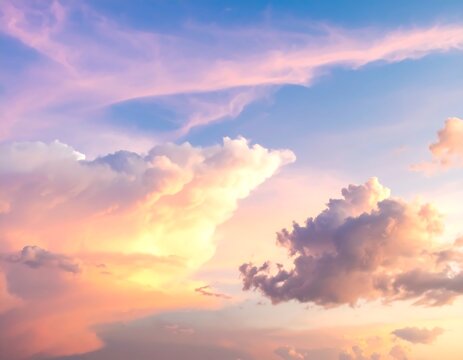 Soft pastel colored sky filled with fluffy clouds during sunset