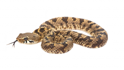 A close-up view of a coiled snake with distinctive patterns and textures. its forked tongue. set against a clean white background. ideal for educational and wildlife-related content