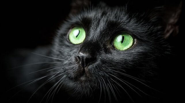 Black Cat With Striking Green Eyes Gazes Mysteriously Against Dark Gradient Background