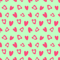 Funky seamless heart pattern featuring solid and outlined pop pink hearts on a mint green background, perfect for youthful teen designs, children's decor, or vibrant stationery.