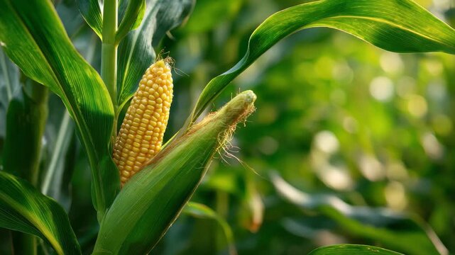 Fresh corn plant with developing cob basking in sunlight on a vibrant farm during the peak of summer growth season