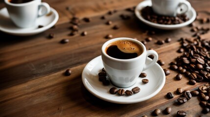 Close-Up of Ceramic Coffee Cup With Crema and Scattered Beans on Wooden Surface, Ideal for Cafe Branding and Morning Lifestyle Concepts. Menu, Coffee Culture Visuals. Hospitality Marketing