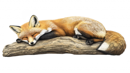 A serene red fox peacefully sleeping on a log. surrounded by a calm and tranquil environment. its fur and relaxed posture. ideal for nature-themed projects