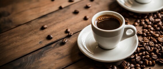 Close-Up of Ceramic Coffee Cup With Crema and Scattered Beans on Wooden Surface, Ideal for Cafe Branding and Morning Lifestyle Concepts. Menu, Coffee Culture Visuals. Hospitality Marketing