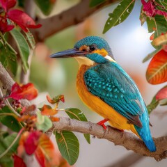 Vibrant Kingfisher Perched on a Branch Surrounded by Colorful Leaves