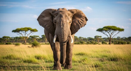Fototapeta premium Majestic African Elephant in Golden Savannah Landscape A Symbol of Wildlife Conservation and Natural Beauty Inspiring Travel to Explore Wild Africa and Promote Protection