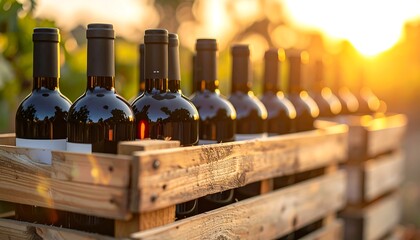Naklejka premium Bottles of Red Wine in Wooden Crates at Sunset.