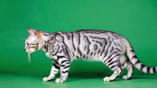 Silver bengal cat standing on a green surface looking to the left with its tail down calmly cat green screen video