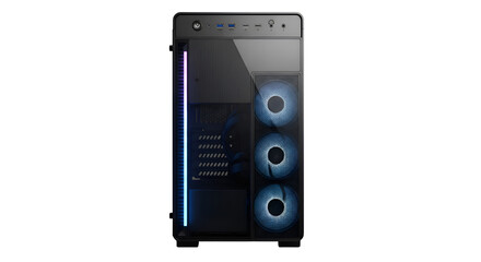 Modern black computer case with glass panel and blue LED fans.