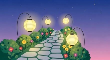 Enchanted garden path illuminated by lantern glows in dreamy twilight