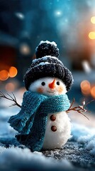 Cute snowman in winter scarf and hat on snowy background with warm holiday lights