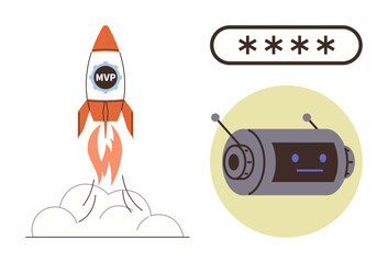 Rocket with MVP text launching into clouds, robot head with antennas, password field. Ideal for technology, innovation, AI, secure login, startup progress digital strategy. Simple flat metaphor