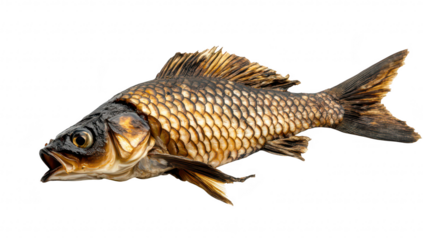 A close-up view of a beautifully detailed. lifelike fish with shimmering scales resting on a clean white surface. its natural colors and textures. ideal for culinary or aquatic-themed projects