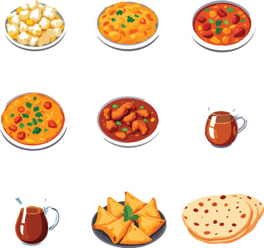 Indian food icon set with paneer, dal, rajma, chicken curry, chai, samosas, and naan in colorful 3x3 grid