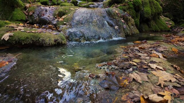 Slow motion capture of a small waterfall and turquoise creek surrounded by rocks and forest, showing crystal water and calm atmosphere
