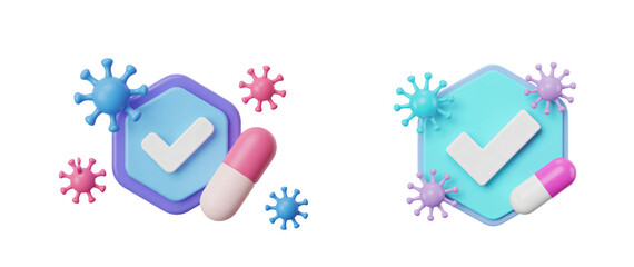 Pill and check mark with virus particles representing medical confirmation icon on transparent background