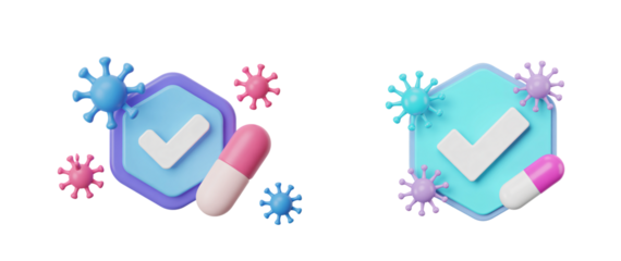 Pill and check mark with virus particles representing medical confirmation icon on transparent background