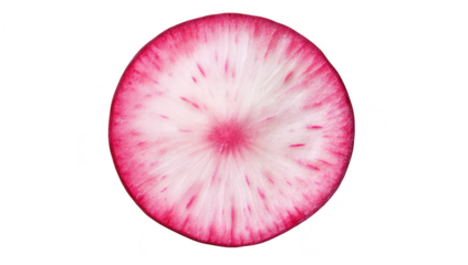 A cross-section of a freshly cut radish its striking pink and white color contrast. placed against a clean white background. ideal for food photography or culinary presentations