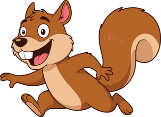 Cartoon squirrel leaping forward with cheerful smile, bushy tail and playful pose for children’s forest animal vector illustration design