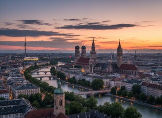 Naklejka premium Munich Skyline at Sunset: A Captivating View of Marienplatz, Frauenkirche, and the Isar River in Soft Evening Light