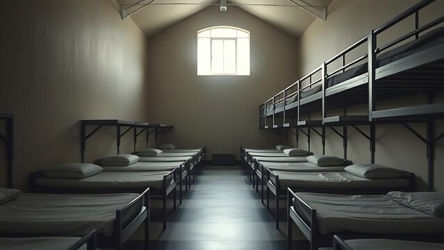 Military barracks with rows of empty beds in soft morning light.
