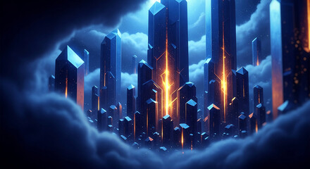 Abstract landscape with tall, geometric blue crystal structures glowing with orange light, amidst soft cloudy texture, symbolic of futuristic city