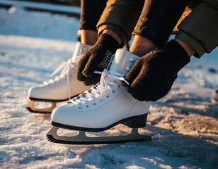 Close-up view of a person tying the laces of white ice skates, preparing to skate.