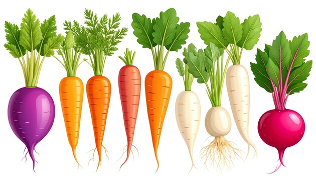 Colorful assortment of root vegetables with green leafy tops, including carrots, beets, and radishes, isolated against a white background
