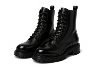 Pair of black combat boots with chunky sole and laces standing on transparent background, reflecting modern fashion