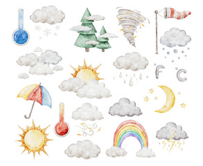 Large watercolor weather icon. Hand drawn big illustration set with temperature, sun, rain, snow, cloud, storm, for climate forecast. Meteorology