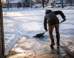 A person wearing a hooded jacket and gloves is shoveling snow and ice from a sidewalk on a bright, sunny winter day, clearing a path.