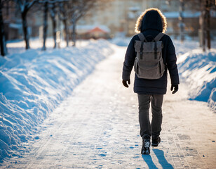 A person with a backpack walks along a snow-covered path on a sunny winter day, seen from behind.