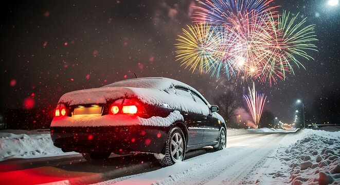 Car covered in snow with fireworks exploding in the night sky