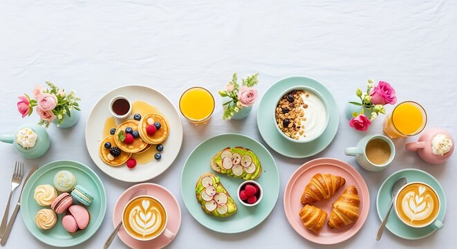 Pastel colored breakfast table with pancakes, toast, croissants and coffee