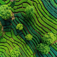 Lush Green Tea Plantations Create Beautiful Patterns in Landscape From Above