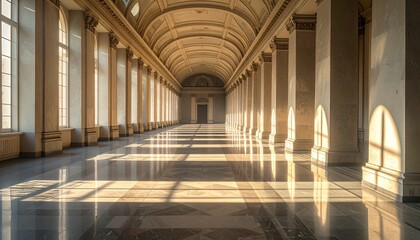 Grand classical hallway with vaulted ceilings and arched windows, sunlight casting long shadows, symbol of elegance and symmetry, editorial style with historic architectural energy.