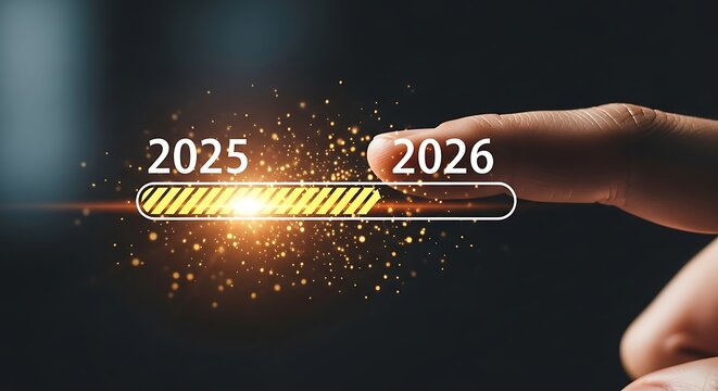 Loading bar transitioning from 2025 to 2026 with finger pushing progress