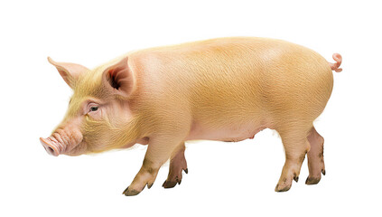 Fototapeta premium A healthy. well-groomed pig walking gracefully on a clean. white background. its smooth skin and natural posture. ideal for agricultural and farming-related content