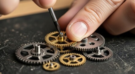 Fototapeta premium Precision in motion: Watchmaker meticulously assembling intricate clockwork gears mechanism with expert hands using