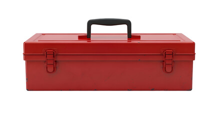 Red toolbox with a black handle and metal clasps for storage.