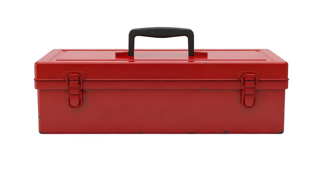Red toolbox with a black handle and metal clasps for storage.