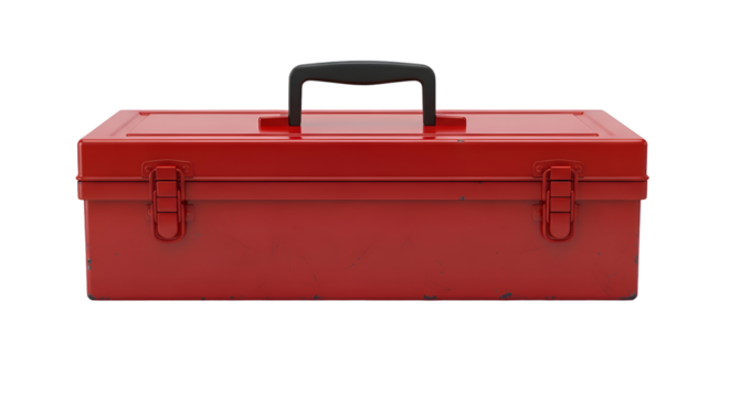 Red toolbox with a black handle and metal clasps for storage.