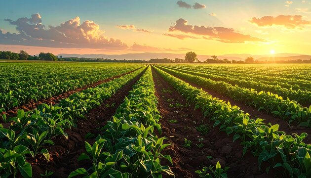 Expansive farmland basks in golden sunlight at sunset, rows of vibrant green crops stretch toward the horizon under a cloudy sky