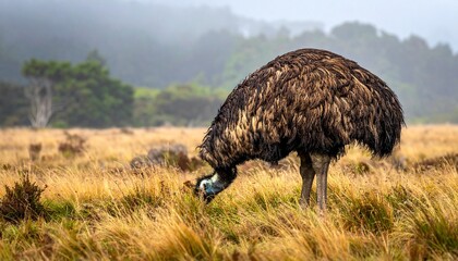 Emu grazing in coastal grassland with ocean and hills in the background, symbol of adaptability and solitude, editorial style with serene wildlife energy.