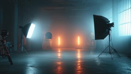 Cinematic studio setup with professional lighting and equipment in an industrial space for video production and creative projects