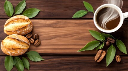 Aromatic Coffee Break: Fresh Bread, Coffee Beans, and Steaming Mug on Rustic Wood