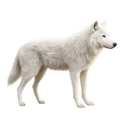 Obraz premium A majestic white wolf stands gracefully against a clean. white background. its thick fur and sharp features. symbolizing beauty and wilderness. perfect for wildlife enthusiasts