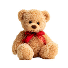 Obraz premium Soft teddy bear with a red ribbon for childrens comfort and joy on a transparent background, cut out