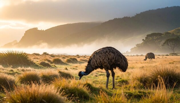 Emu grazing in coastal grassland with ocean and hills in the background, symbol of adaptability and solitude, editorial style with serene wildlife energy. - Powered by Adobe