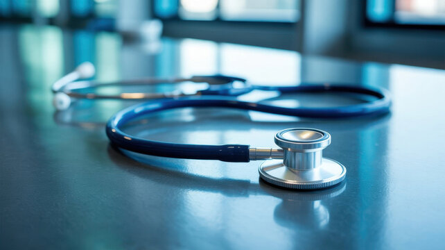 A closeup shot of a stethoscope lying on a reflective, dark surface, with a blurred background of blue and white tones - Powered by Adobe